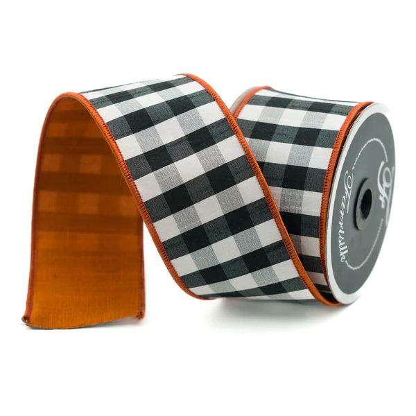 Farrisilk 2.5" x 10 YD Orange with Black and White Check Wired Ribbon