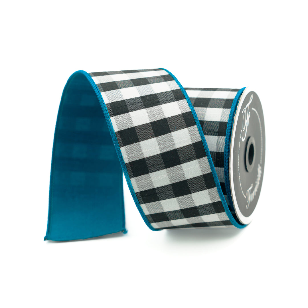 Farrisilk 2.5" x 10 YD Black and White Checks with Turquoise Back Wired Ribbon