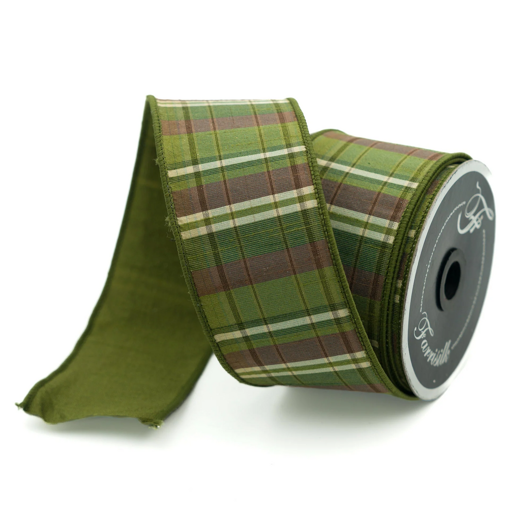 Farrisilk 2.5" x 10 YD Olive Green Sherwood Plaid Wired Ribbon