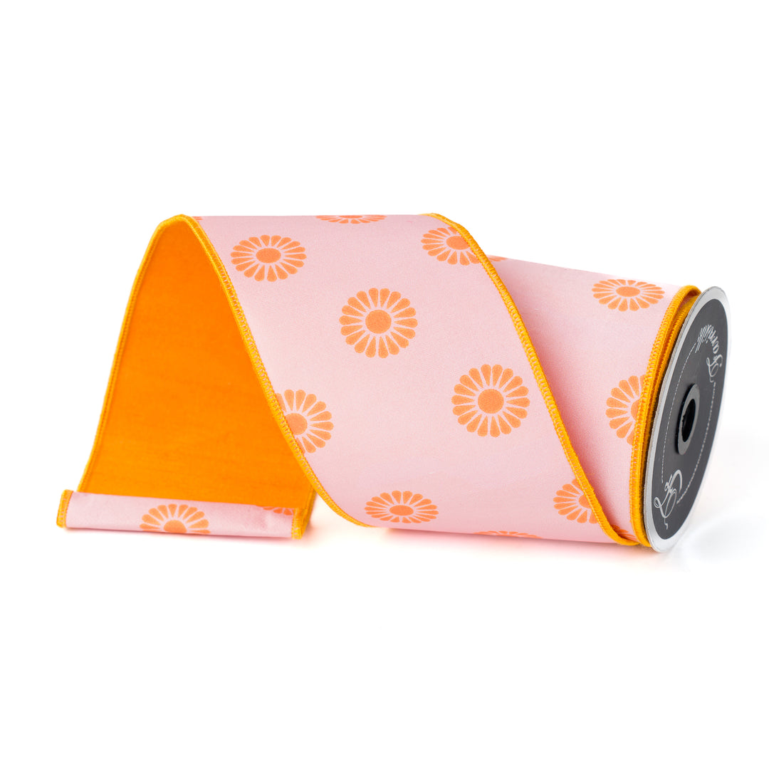 Farrisilk 4" X 10 YD Daisy Dots Wired Ribbon in Pink and Orange
