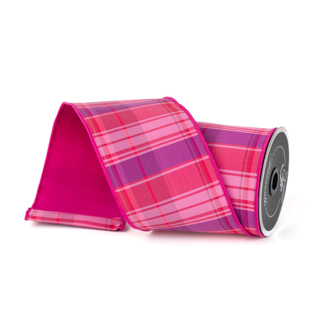 Farrisilk 4" x 10 YD Sweetheart Plaid Wired Ribbon in Hot Pink