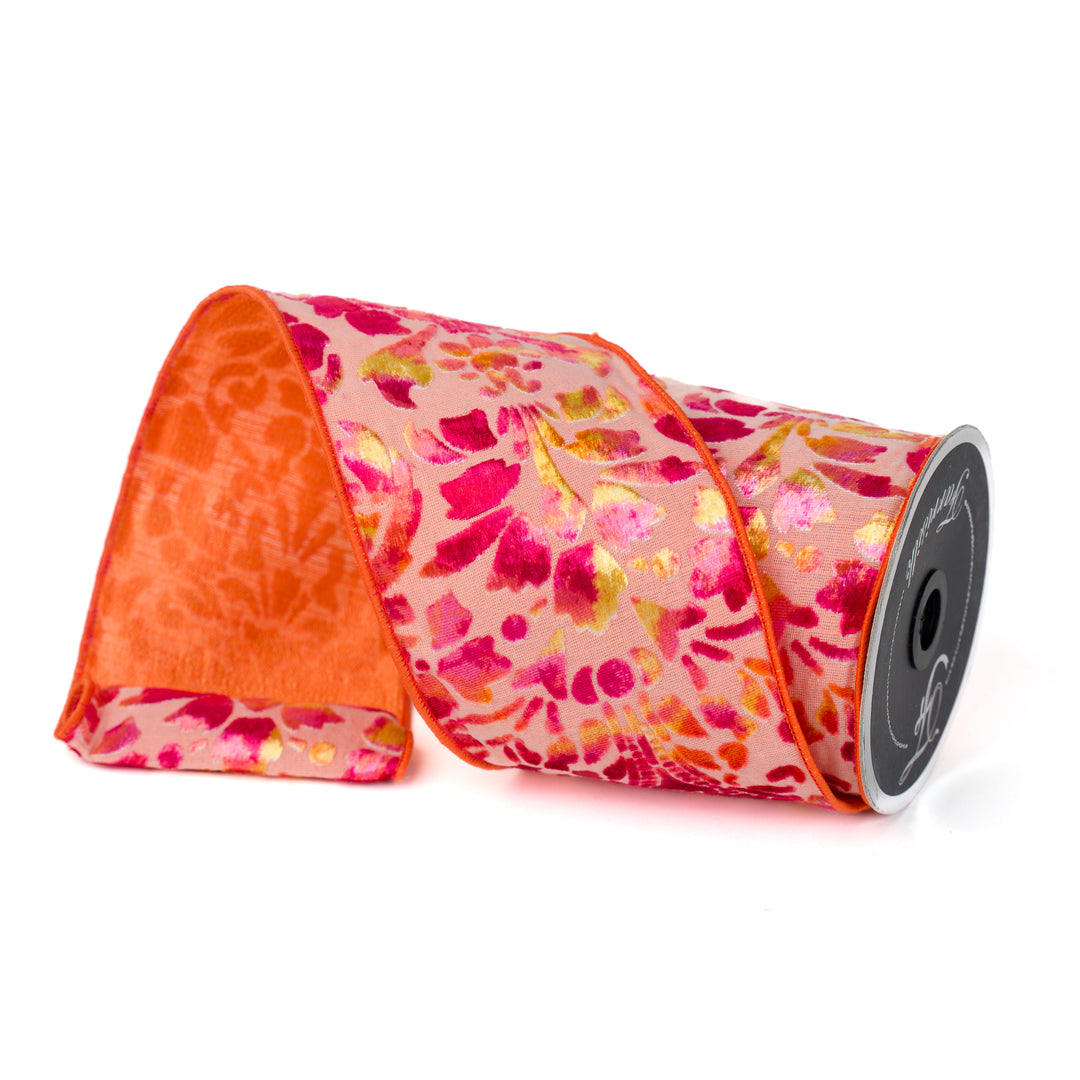 Farrisilk 4" X 10 YD Far Out Floral Wired Ribbon in Hot Pink and Orange
