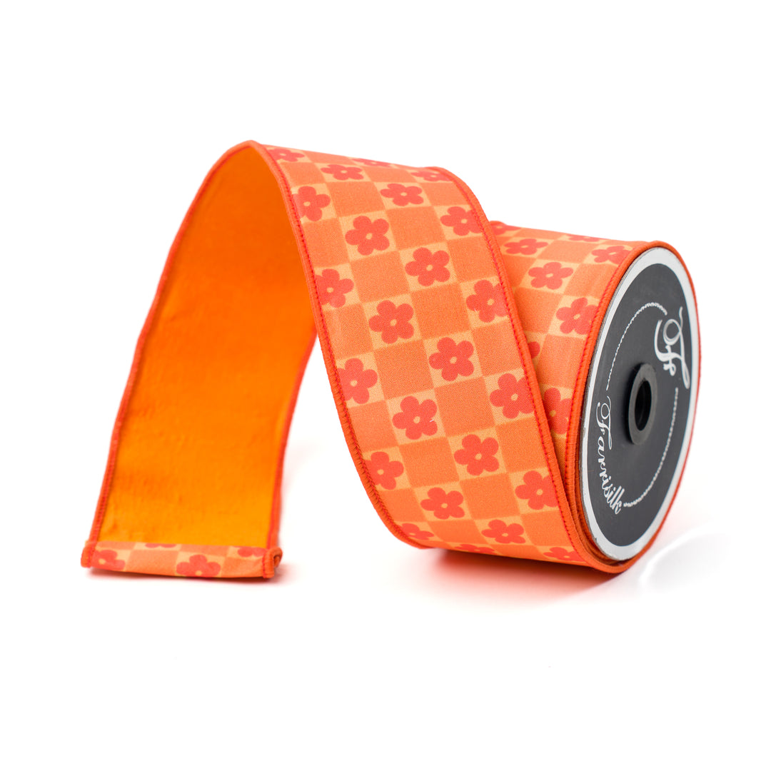 Farrisilk 2.5" X 10 YD Retro Daisy Checks Wired Ribbon in Orange