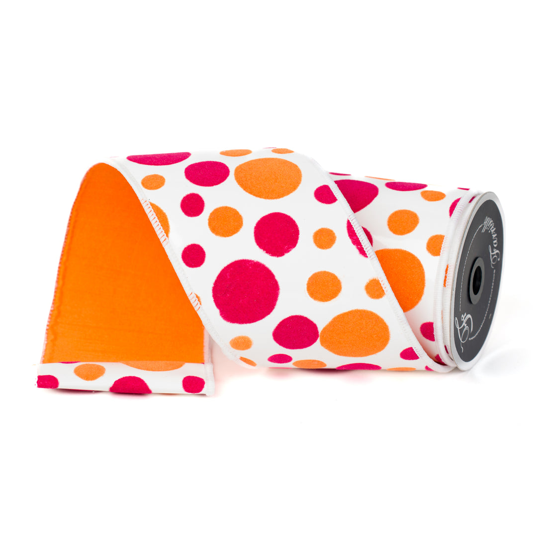 Farrisilk Hot Pink and Orange Retro Dots on White Wired Ribbon