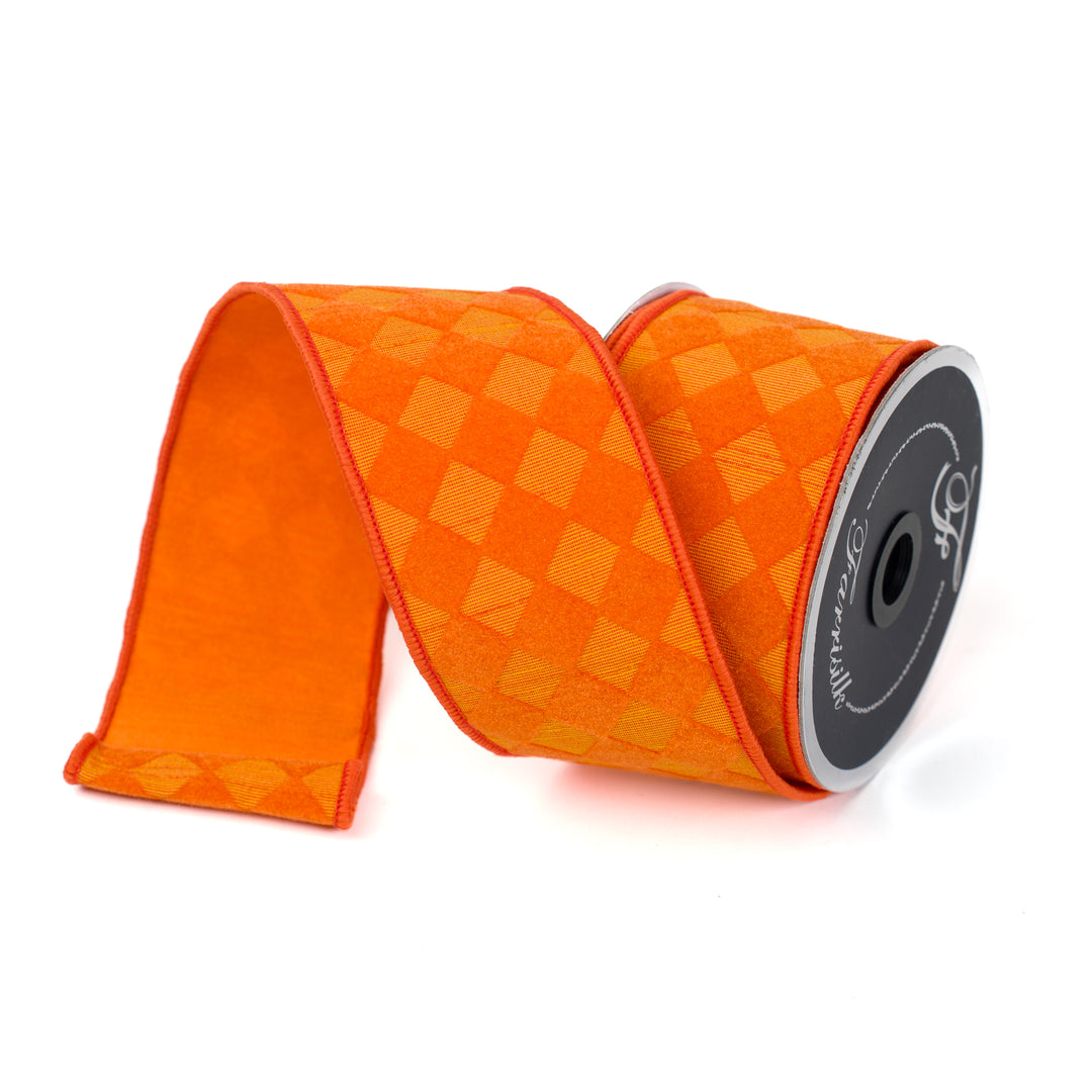 Orange ribbon with a checkered pattern on a white background