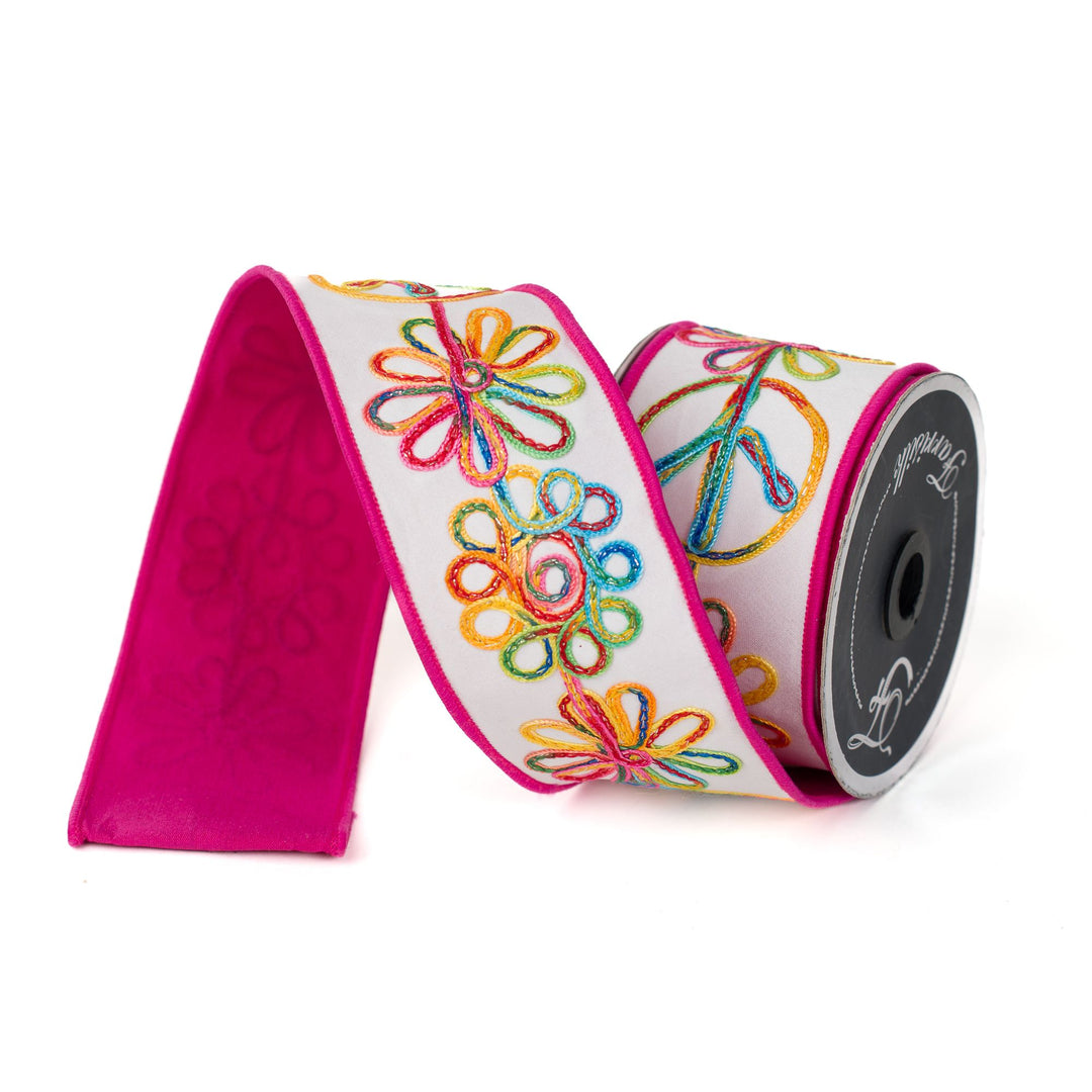 Farrisilk Hot Pink and White Whimsy Hippie wired Ribbon