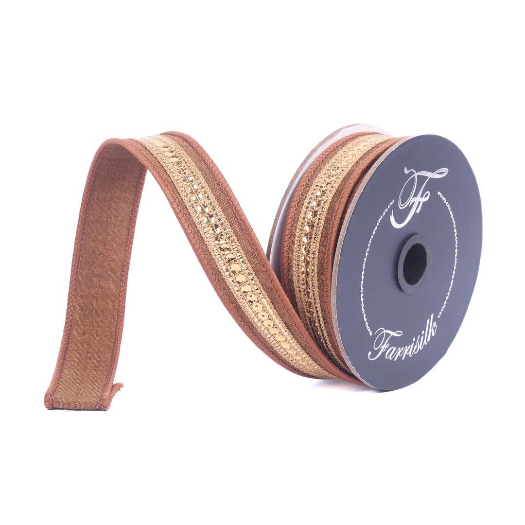 Farrisilk 1 inch x 10 yard pecan brown sequin twinkle trim wired ribbon with gold center for luxury wreath bows, fall decorating, Christmas décor, floral arrangements, gift wrapping, and elegant home décor