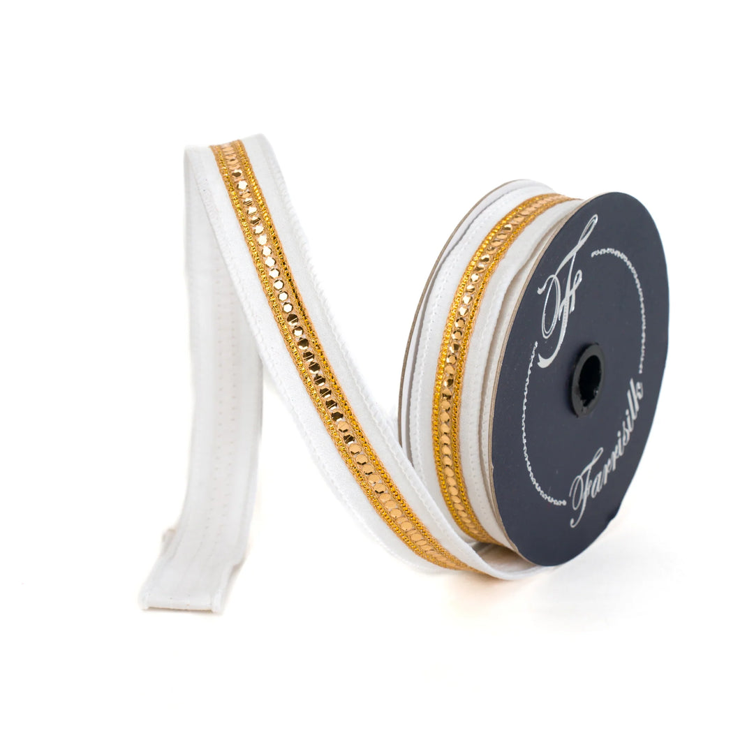 Farrisilk 1 inch x 10 yard white and gold sequin twinkle trim wired ribbon for designer bows, Christmas wreaths, weddings, floral arrangements, gift wrapping, and luxury home décor.