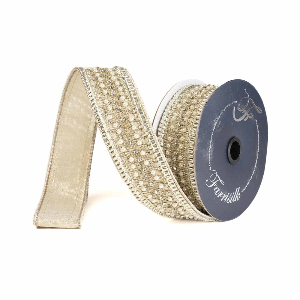 Farrisilk 1.75 inch Victorian Pearl Trim platinum wired ribbon with ivory pearls, sparkling crystal accents and metallic woven detailing for luxury bows, Christmas wreaths and elegant décor.