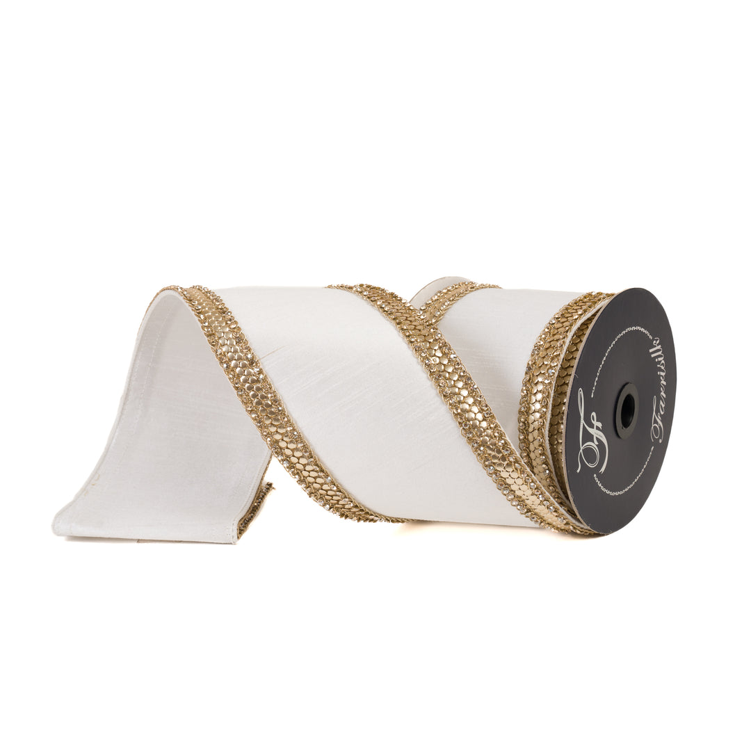 Farrisilk 4 inch Ivory Diamond Riviera wired ribbon with ornate gold jeweled borders for luxury bows, wreaths, Christmas trees and elegant décor.