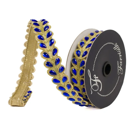 Farrisilk 1 inch Sapphire Blue Crystal Pears wired ribbon with blue pear-shaped crystals and ornate gold detailing for luxury bows and Christmas décor.