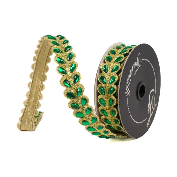 Farrisilk 1 inch Emerald Green Crystal Pears wired ribbon with green pear-shaped crystals and ornate gold detailing for luxury bows and Christmas décor.