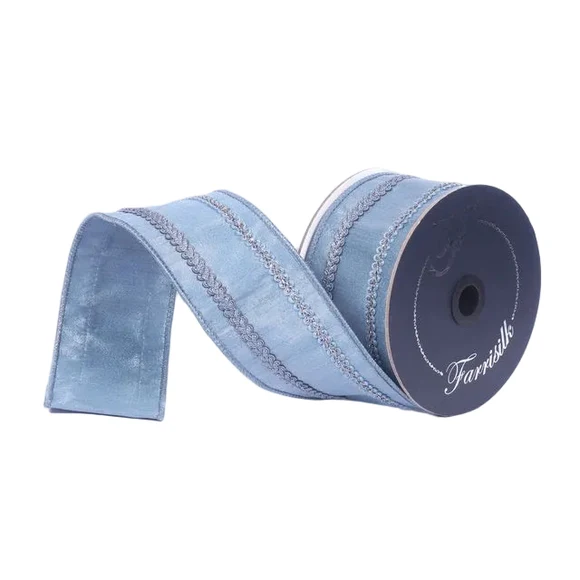 Farrisilk LUXURY 2.5 inch Steel Blue Cableknit Trim wired ribbon with decorative blue trim for bows, wreaths, Christmas trees and elegant décor.