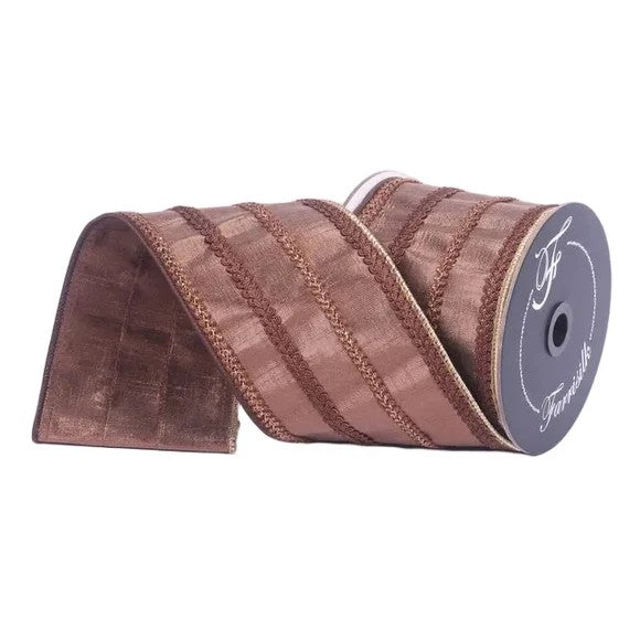 Farrisilk LUXURY 4 inch pecan brown Cableknit Trim wired ribbon for Fall, Thanksgiving and Christmas wreaths, bows, trees and seasonal décor.