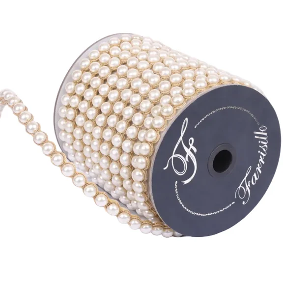 Farrisilk .5 inch Ivory Pearl Garland with lustrous ivory pearls and gold detailing for Christmas trees, wreaths, garlands and elegant décor.