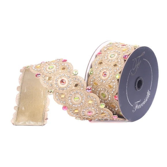 Farrisilk 3 inch Gemstone Treasure gold wired ribbon with pink and light green jewels for luxury bows, wreaths, Valentine’s Day and Christmas décor.