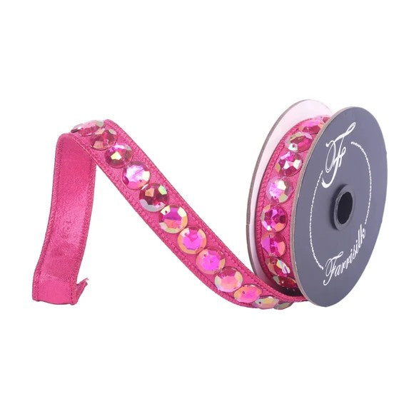 Farrisilk .75 inch Hot Pink Aurora Gem Garland wired ribbon with iridescent jewels for Valentine’s Day, Christmas, bows, wreaths and luxury décor.