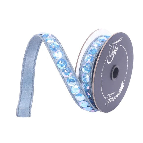 Farrisilk .75 inch Steel Blue Aurora Gem Garland wired ribbon with iridescent blue jewels for Fall, Christmas, bows, wreaths and luxury décor.
