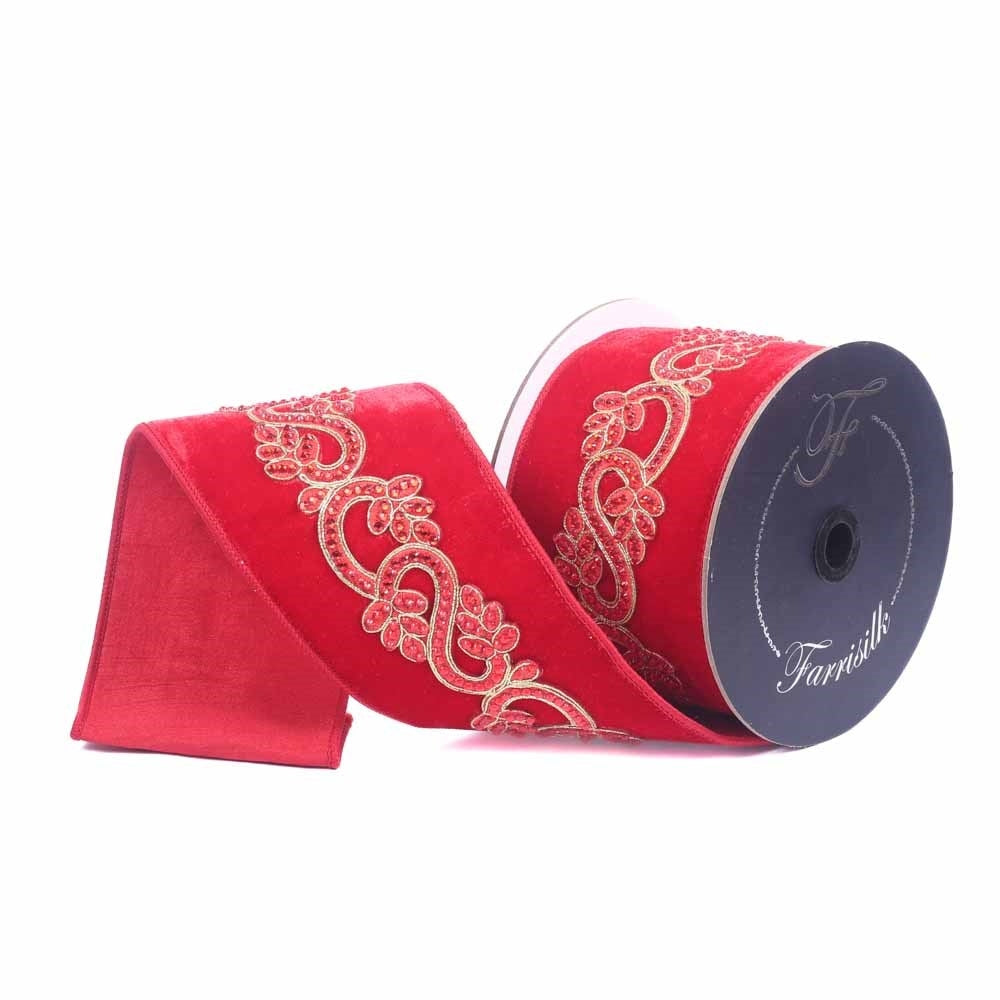 Farrisilk 4 inch Red Eccentric Velvet wired ribbon with ornate gold and red scrolling vine embellishments for luxury Christmas bows, wreaths, garlands and holiday décor.