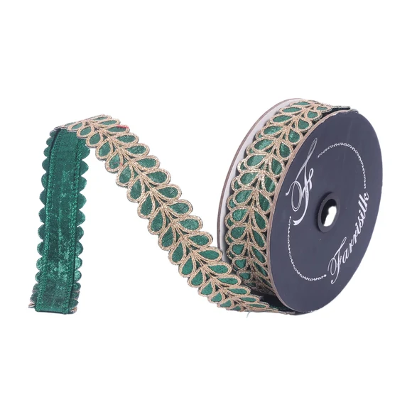 Farrisilk 1 inch Emerald Green Gilded Garland wired ribbon with metallic gold trim for luxury bows, wreaths, garlands and Christmas trees.