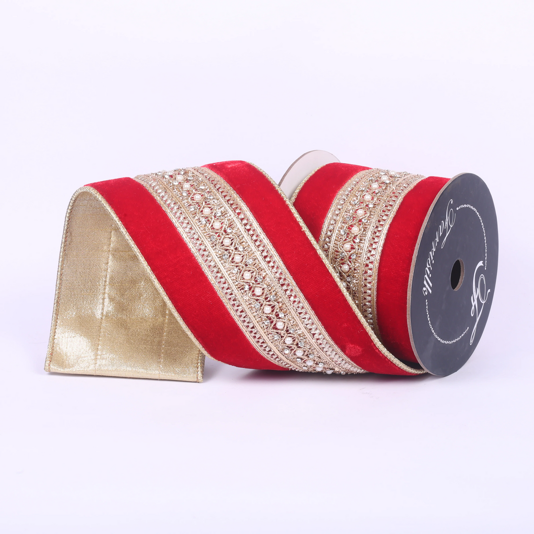 Farrisilk 4 inch x 5 yard red velvet wired ribbon with Maison Ruban gold and pearl trim and metallic gold backing for luxury wreath bows, Christmas decorating, wedding décor, floral arrangements, and elegant home décor