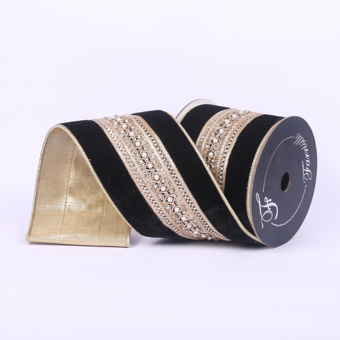 Farrisilk 4" X 5 YD Black and Gold Maison Ruban Wired Ribbon