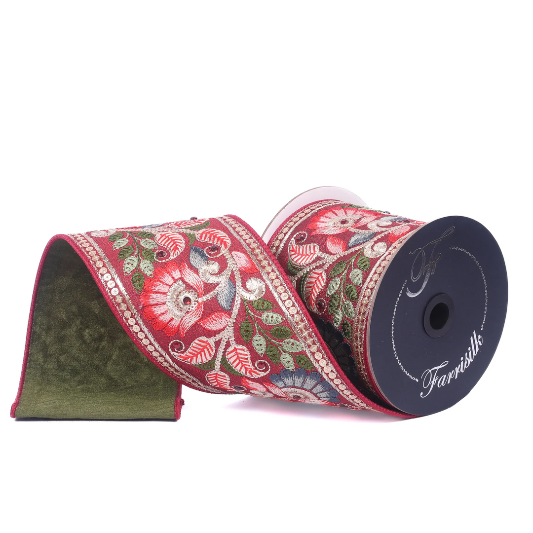 Farrisilk 4 inch x 5 yard Freya Flower embroidered wired ribbon in red, green, blue and white with olive green velvet backing for luxury wreath bows, Christmas decorating, floral arrangements, botanical home décor, and elegant gift wrapping