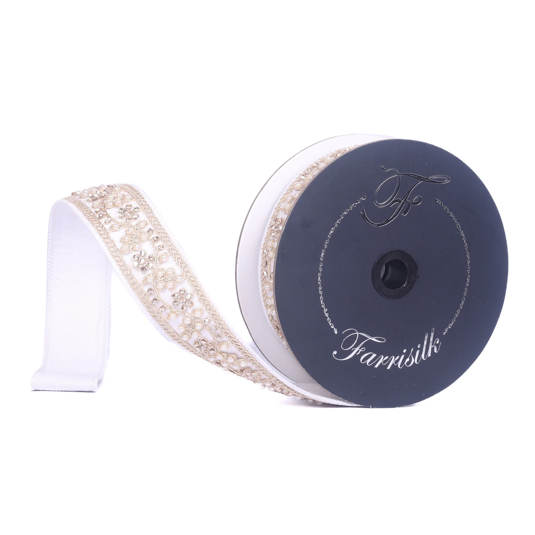 Farrisilk 1.5 inch x 5 yard ivory Cecilia pearl wired ribbon with embroidered pearl and crystal trim for luxury wreath bows, wedding bouquets, Christmas decorating, floral arrangements, and elegant home décor