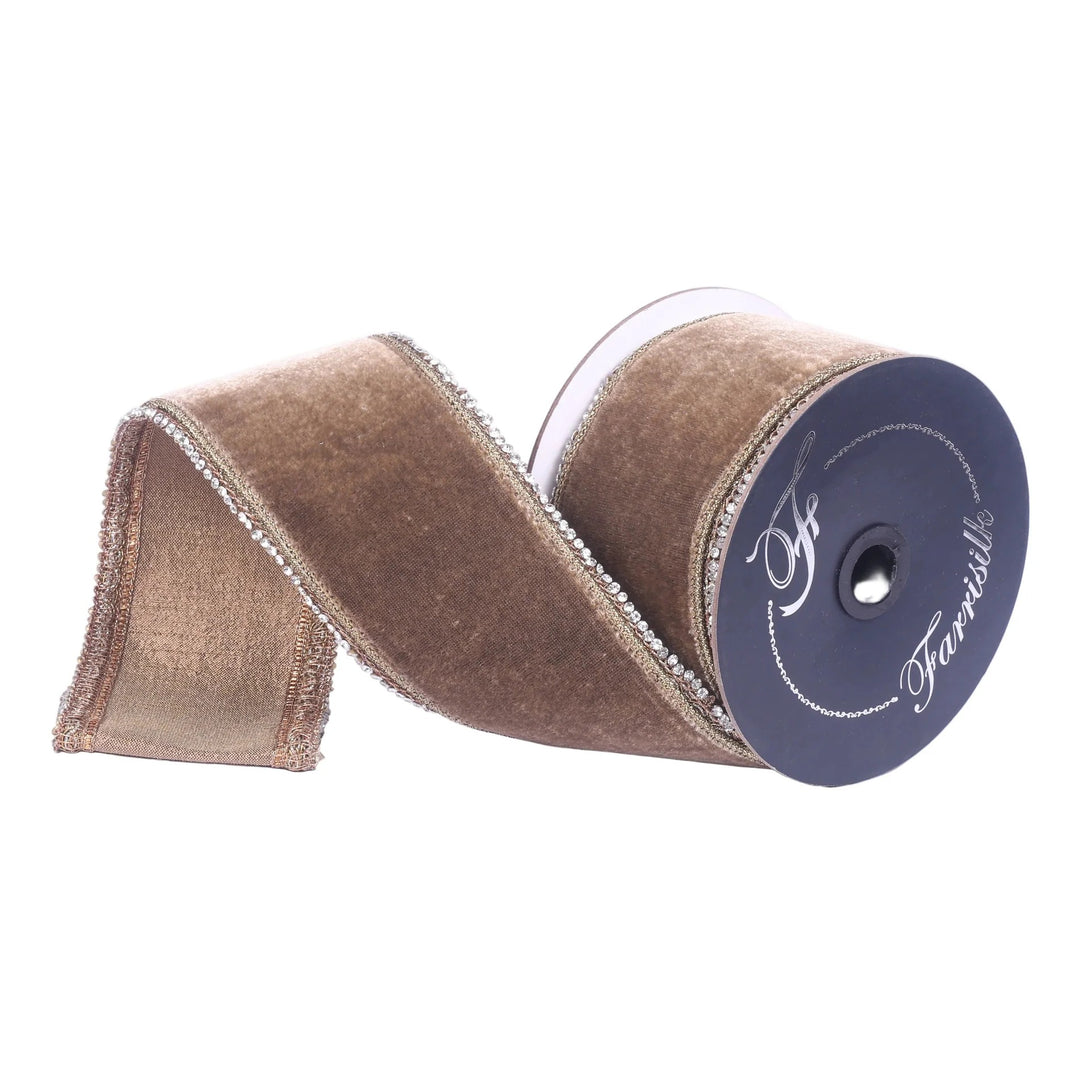 Farrisilk 3 inch Mink Antique Velvet wired ribbon with mink back and jeweled edges for Fall, Christmas, luxury bows, wreaths and seasonal décor.