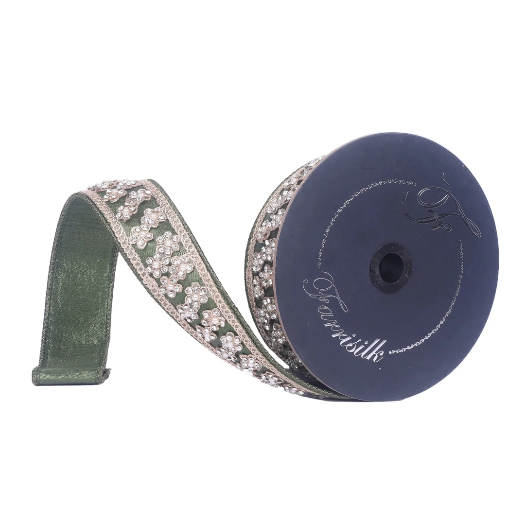 Farrisilk 1.5 inch x 5 yard olive green crystal florettes wired ribbon with pearl embroidered floral trim for luxury wreath bows, Christmas decorating, botanical floral arrangements, weddings, and elegant home décor