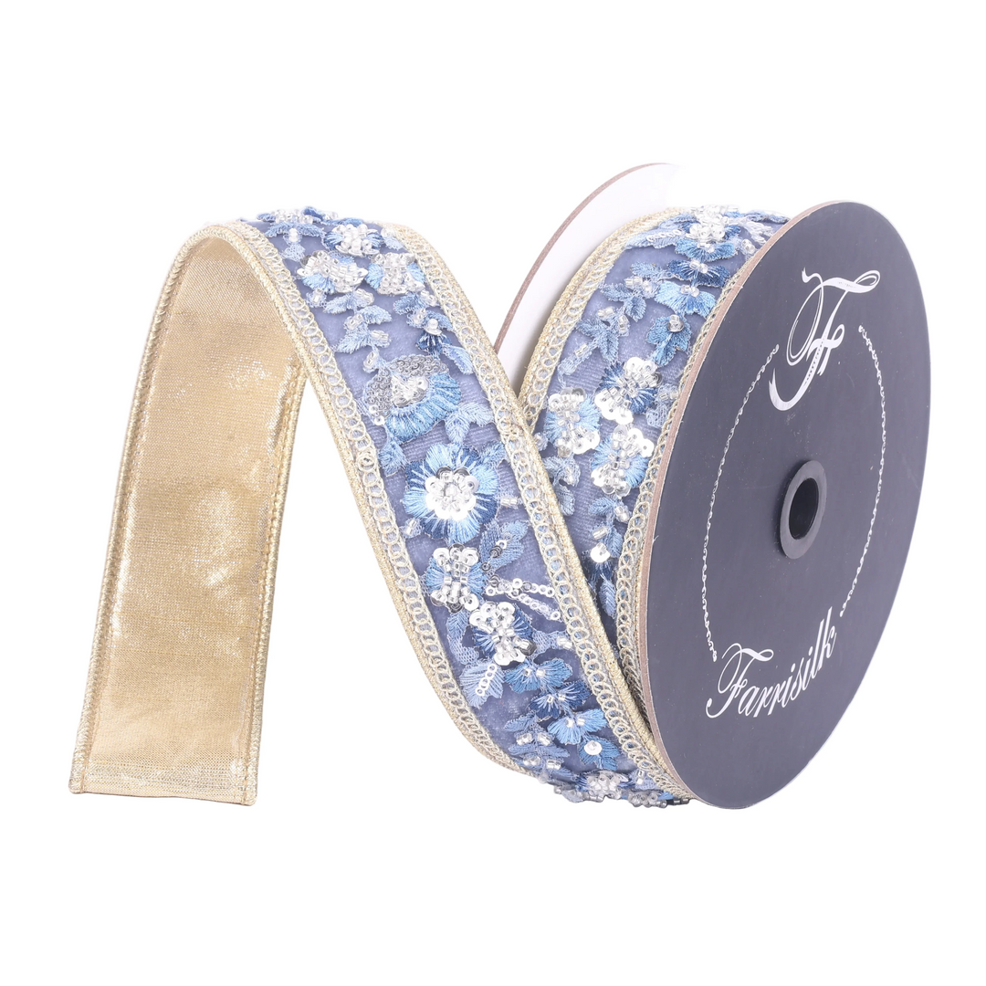 Farrisilk 1.75 inch x 5 yard steel blue Garden Glint sheer embroidered wired ribbon with silver sequins and metallic gold backing for luxury wreath bows, floral arrangements, Christmas decorating, weddings, and elegant home décor