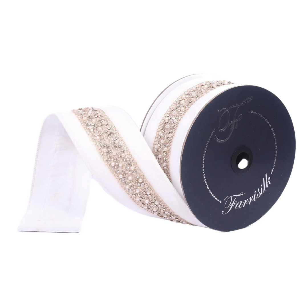 Farrisilk 2.5 inch x 5 yard ivory Opuleat jeweled velvet wired ribbon with pearl and crystal embellished trim for luxury wreath bows, wedding décor, Christmas decorating, floral arrangements, and elegant home décor
