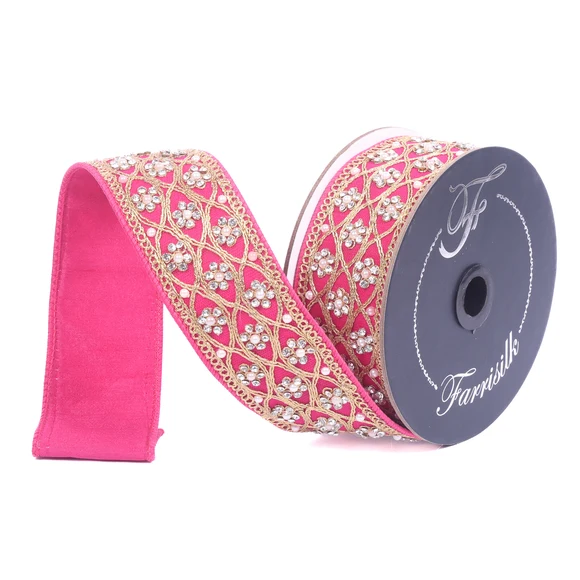 Farrisilk 2 inch Hot Pink Posh Pearl wired ribbon with gold lattice, pearl and crystal embellishments for luxury bows, Christmas and Valentine's décor.