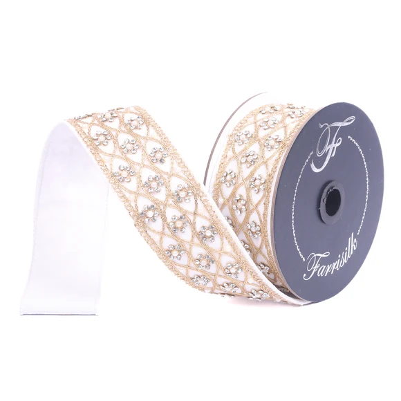 Farrisilk 2 inch Ivory Posh Pearl wired ribbon with gold lattice, pearl and crystal embellishments for luxury bows, weddings and Christmas décor.