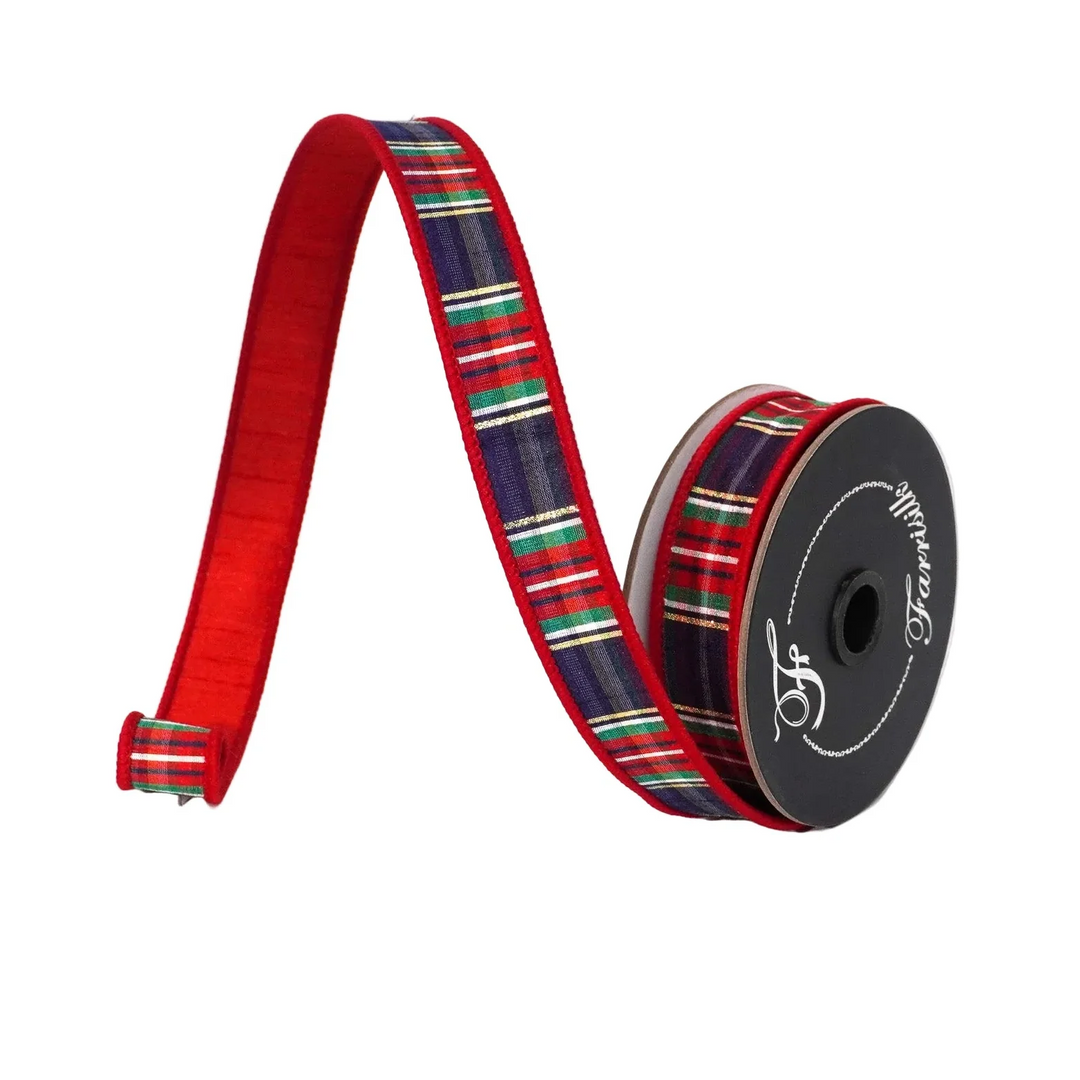 Farrisilk 1 inch x 10 yard Christmas plaid wired ribbon in red, emerald green, navy blue, white, and gold with red backing for luxury wreath bows, Christmas tree decorating, gift wrapping, floral arrangements, and holiday home décor