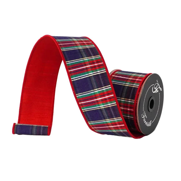 Farrisilk 2.5 inch red, green and blue Christmas plaid wired ribbon with gold accents and red backing for bows, wreaths and Christmas trees.