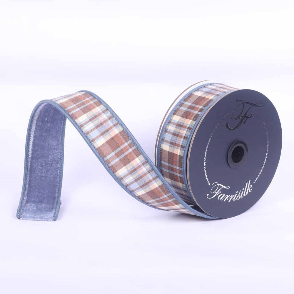 Farrisilk 1.5 inch steel blue and chocolate brown plaid plush wired ribbon with blue velvet edging for bows, wreaths, florals and home décor.