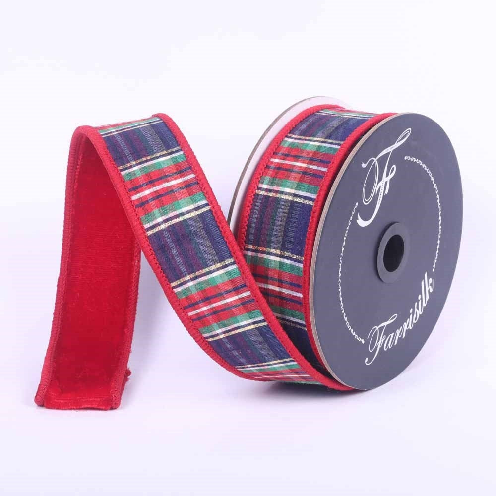 Farrisilk 1.5 inch Plaid Plush wired ribbon in red, emerald green and navy blue with gold accents, plush red velvet backing and wired edges for Christmas bows and wreaths.