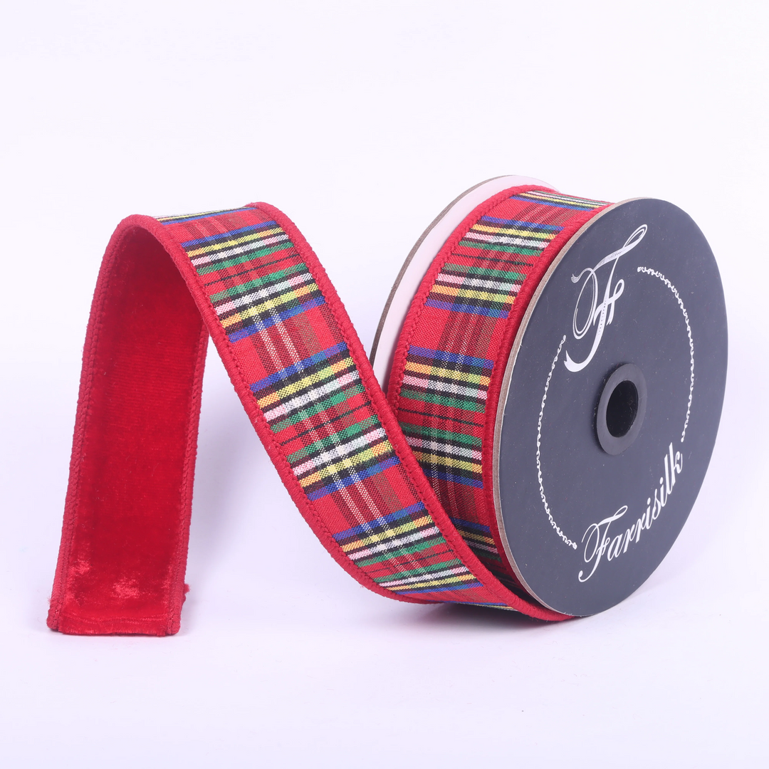 Farrisilk 1.5 inch x 10 yard plaid plush wired ribbon featuring red, green, blue, white, black, and gold tartan plaid with luxurious red velvet backing for wreath bows, Christmas tree decorating, floral arrangements, gift wrapping, and holiday home décor