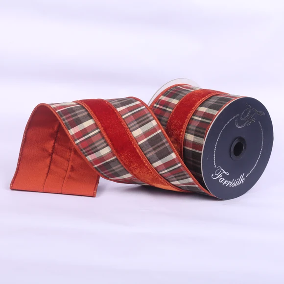 Farrisilk 4 inch Cinnamon Plaid Plush wired ribbon with cinnamon velvet accents for Fall bows, wreaths, garlands and elegant Christmas décor.