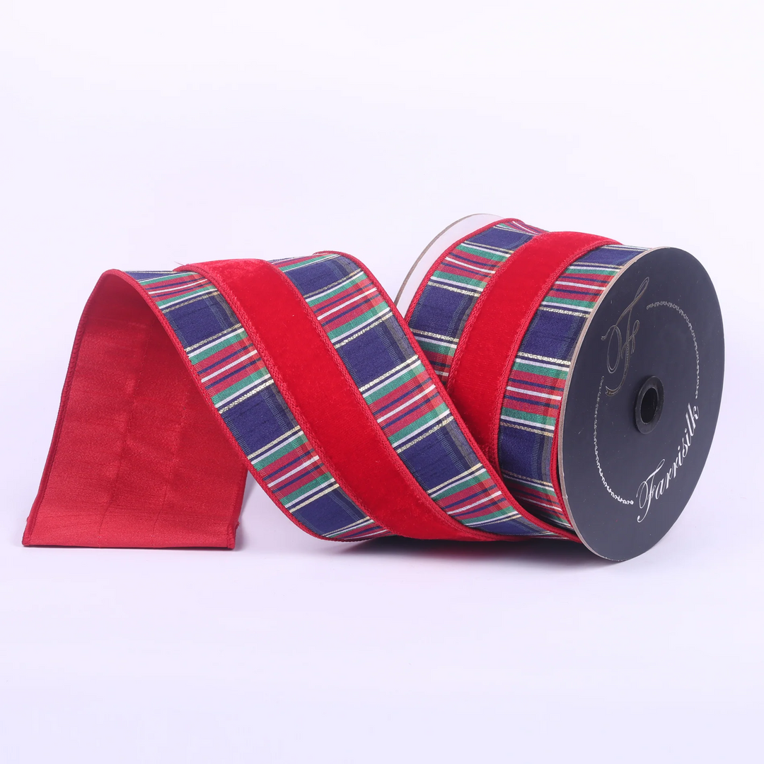 Farrisilk 4 inch red, green and blue plaid plush wired ribbon with red velvet stripe and gold accents for bows, wreaths and Christmas trees.