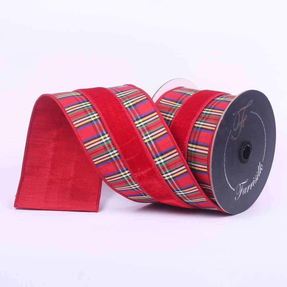 Farrisilk 4 inch red multi plaid plush wired ribbon with red velvet borders for Christmas bows, wreaths, garlands and holiday tree décor.