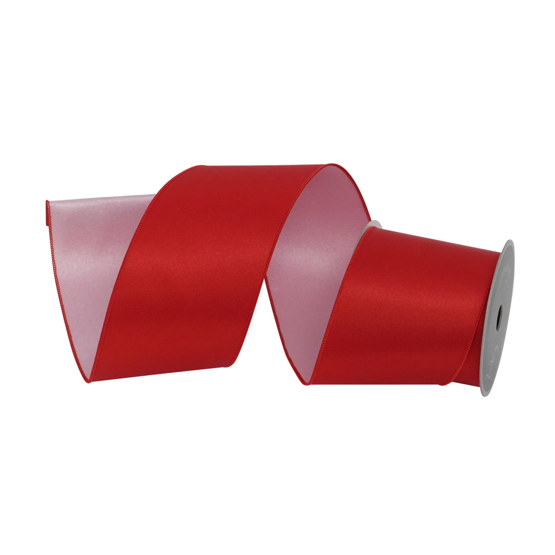 Farrisilk 4 inch x 10 yard satin duo wired ribbon in red and light pink for luxury wreath bows, floral arrangements, Valentine's Day décor, Christmas decorating, wedding decorations, gift wrapping, and elegant home décor