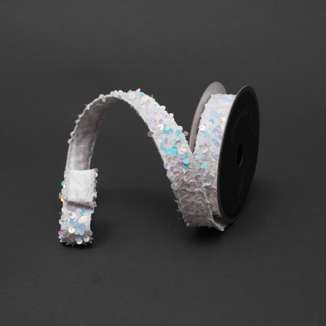 Farrisilk 1 inch x 5 yard Nova Iridescent wired ribbon featuring sparkling white iridescent sequins with wired edges, perfect for wreath bows, Christmas tree decorating, floral arrangements, wedding décor, gift wrapping, and DIY crafts
