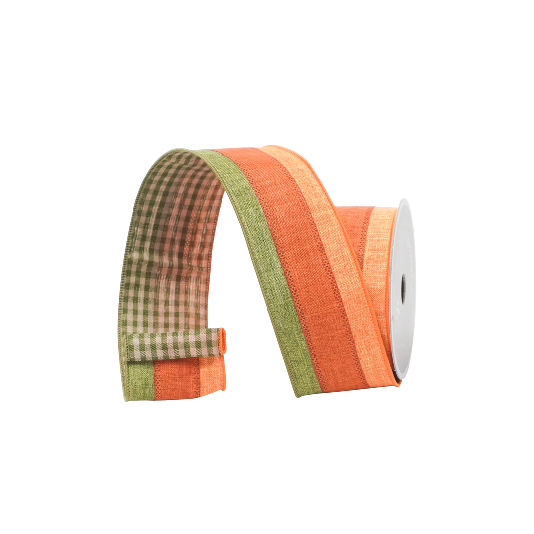 Farrisilk 2.5 inch x 10 yard Orange, Green and Cream Fall Harvest wired ribbon featuring autumn stripes with a coordinating green and cream gingham reverse, perfect for fall wreaths, Thanksgiving décor, floral arrangements, bows, gift wrapping, and seasonal home decorating.