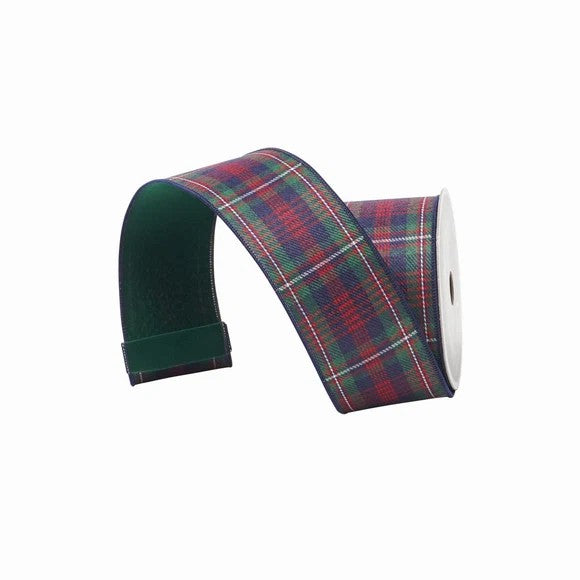 Farrisilk 2.5 inch x 10 yard blue Weschester plaid wired ribbon with emerald green backing for Christmas bows, wreaths, tree toppers, floral arrangements, gift wrapping, and holiday décor.