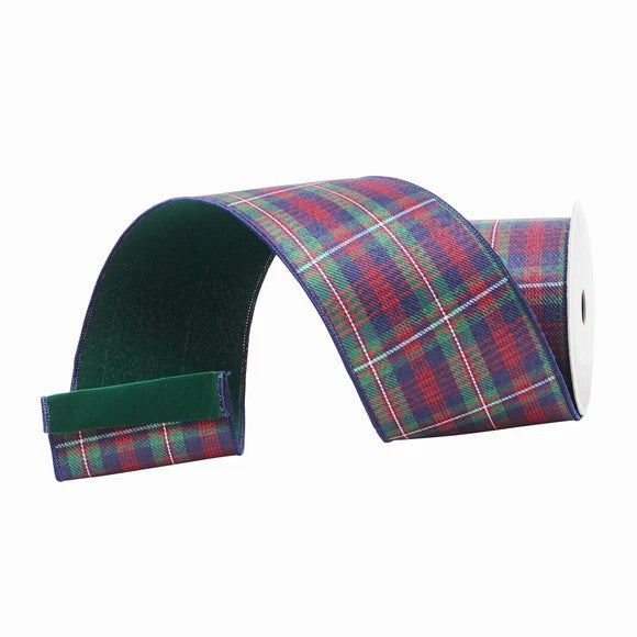 Farrisilk 4 inch x 10 yard Blue Westchester plaid wired ribbon with emerald green backing for oversized Christmas bows, wreaths, tree toppers, garlands, floral arrangements, and holiday décor.