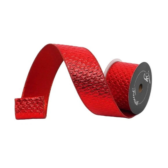 Farrisilk 2.5 inch x 5 yard red metallic quilt wired ribbon for Christmas bows, Valentine's Day décor, wreaths, tree toppers, floral arrangements, gift wrapping, and luxury home décor.