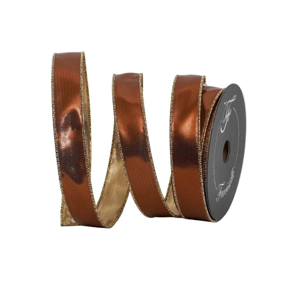Farrisilk 1 inch x 10 yard pecan brown molten metallic wired ribbon with gold backing for luxury wreath bows, floral arrangements, Christmas decorating, fall décor, gift wrapping, DIY crafts, and elegant home décor