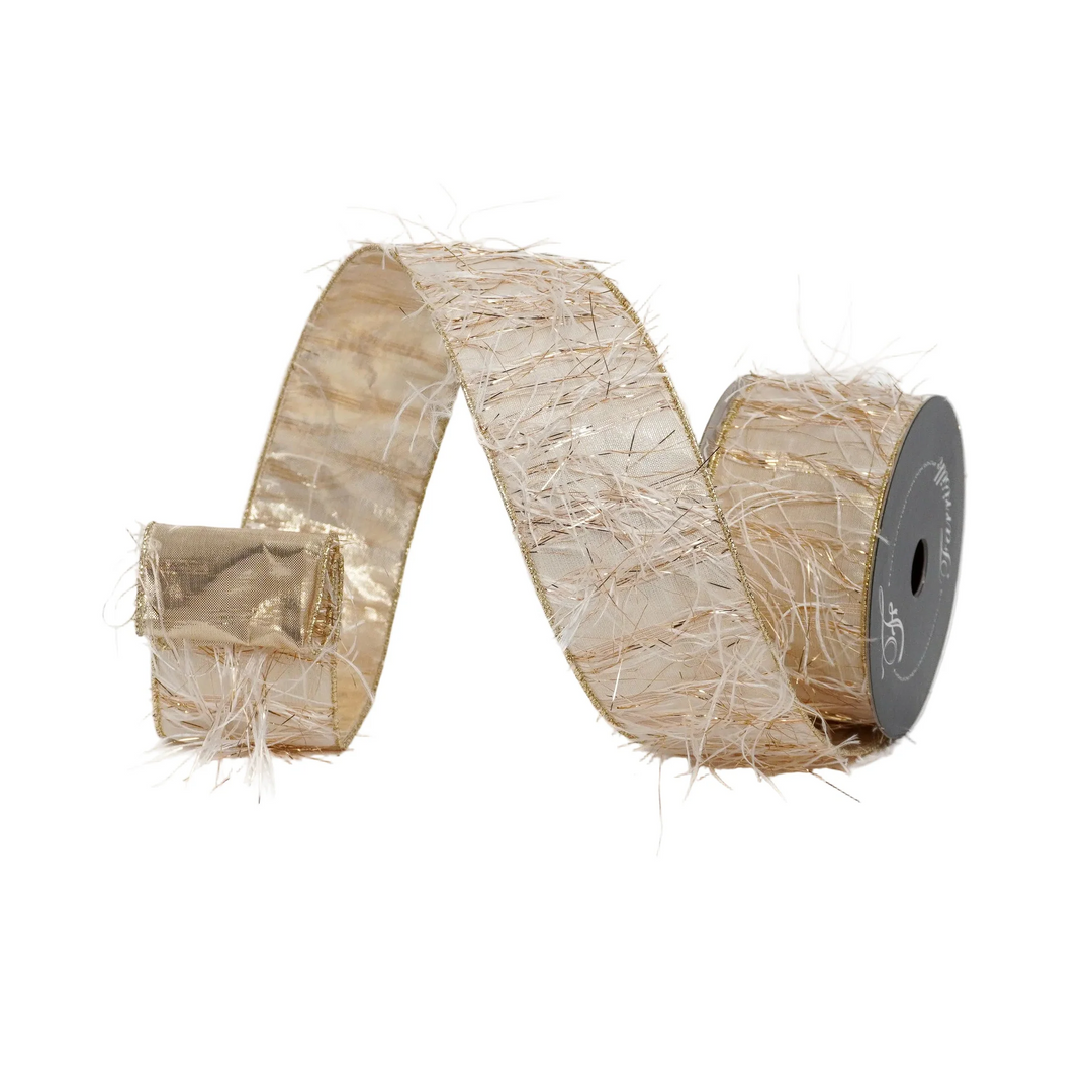 Farrisilk 2.5 inch x 10 yard ivory tinsel frills wired ribbon with metallic ivory and gold fringe for luxury wreath bows, Christmas tree decorating, floral arrangements, wedding décor, holiday decorating, gift wrapping, and elegant home décor